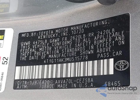 2021 Toyota Camry Se из США, поврежденный, VIN 4T1G11AK3MU515778